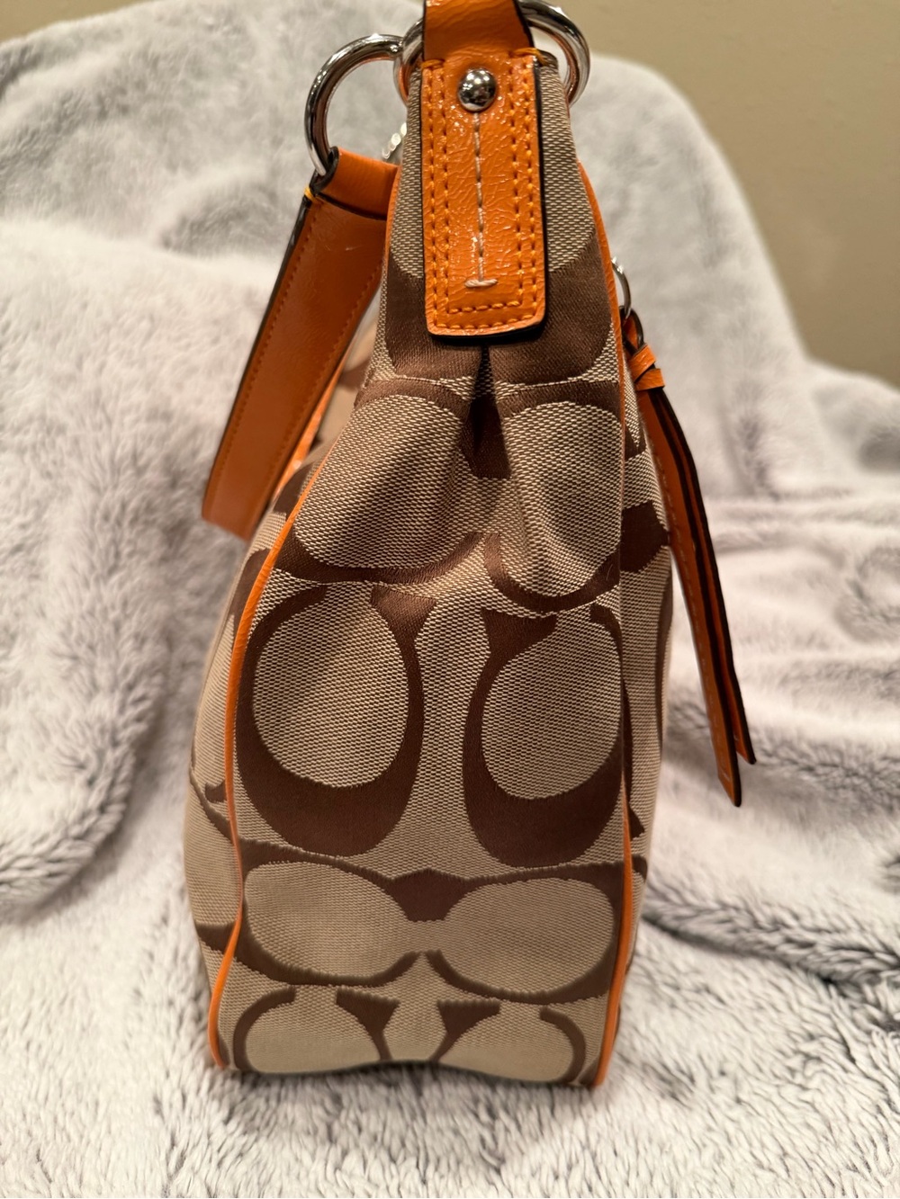 COACH Signature Stripe Convertible Hobo Bag Khaki Orange F21873 - Picture 8 of 13